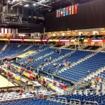 The flags of the competitors hang in the arena.