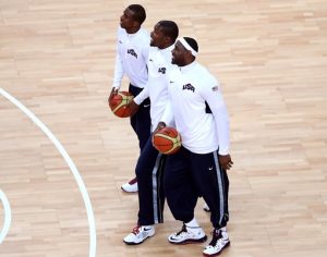 Durant and his teammates CP3 and Lebron before a game in the 2012 Olympic Games
