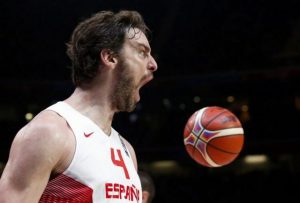 Iconic image. Pau Gasol celebrating a dunk during one of the biggest   exhibitions in FIBA basketball