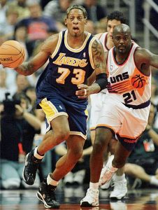 Rodman in action with the jersey