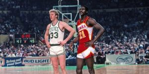 A rookie Dominique Wilkins and Larry Bird in 1983