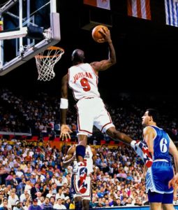 Michael Jordan in action with the jersey. Pure style