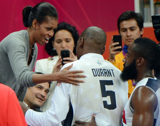 KD receiving the congratulations from Michelle Obama after the gold medal game