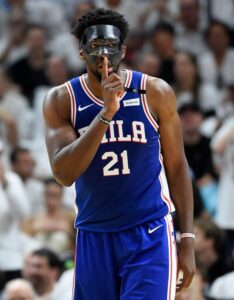 Embiid in action with the jersey during the 2018 NBA Playoffs