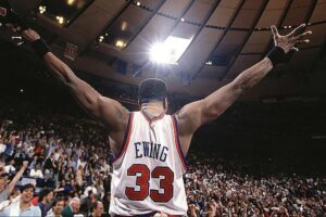 Patrick is an absolute legend in New York. Selected with the 1st overall pick by New York at the 1985 NBA draft Ewing led the Knicks during two decades. Here Patrick celebrates the victory at the 1994 Eastern Conference Finals
