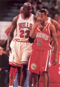 Allen Iverson in action against Michael Jordan during his rookie season