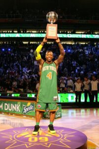 Nate Robinson with the 2009 NBA Slam Dunk Contest trophy. The jersey is bigger than him hehe