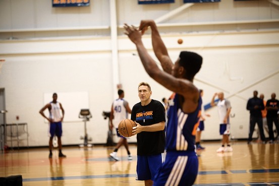 The jersey was signed by the acclaimed shooting instructor Dave Hopla. I haven't a picture of the signing moment. This is Dave as assistant coach of the New York Knicks