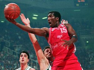 David Rivers in action with a similar jersey the previous season. He was named 1997 Euroleague Final Four MVP, 1997 Greek League MVP and 1997 Greek Cup MVP