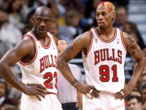Jordan and Rodman during the 1996 NBA Finals. Dennis found in Chicago the understanding that he didn't find nowhere else
