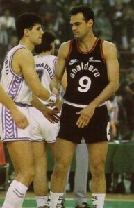 Oscar Schmidt and Drazen Petrovic before the 1989 European Cup Winner’s Cup Final. This game between Real Madrid and Snaidero Caserta is remembered as one of the best basketball games ever