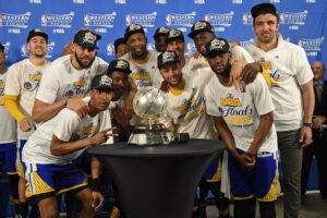 The Golden State Warriors wore this t-shirt receiving the Western Conference Champions trophy and they won the 2017 NBA Finals finally