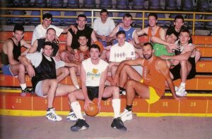 Nikola Loncar at the lower left corner. The sportscaster was Danilovic's teammate in several international tournaments