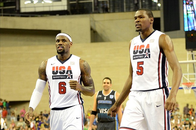 Lebron James and Kevin Durant wearing the jersey during a 2012 pre-olympic game