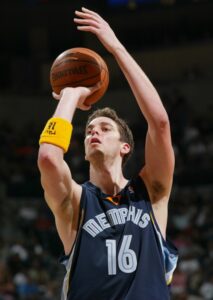 Pau Gasol in action with the jersey. Wearing this jersey Pau was selected to play his first NBA All-Star game in 2006