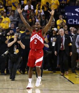 Kawhi Leonard celebrating the NBA Championship at Oracle Arena