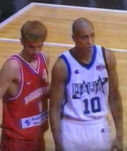 Myers in action during the 1997 Eurobasket. Carlton led his team in scoring helping Italy to get the silver medal