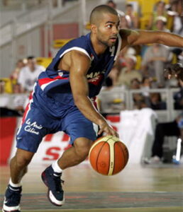 Tony Parker in action with the jersey. Parker did not play the 2006 World Cup finally because he injured in the last warm up game for the tournament