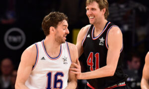 Pau Gasol and Dirk Nowitzki joking during the 2015 NBA All Star game