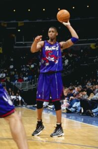 Tracy Mcgrady in action with the jersey. T-Mac was named 1997 Mr. Basketball USA and he decided to try luck in the NBA draft without NCAA experience. He was selected with the 9th overall pick
