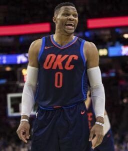 Rusell Westbrook in action with the jersey. Rusell was 2018 NBA Assists Leader and 2018 All-NBA Second Team that season